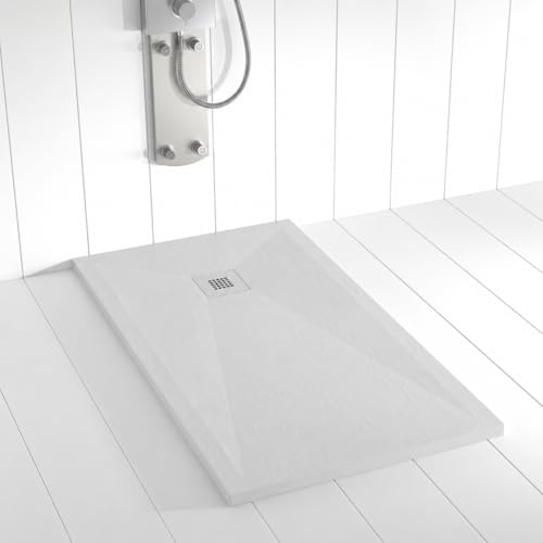 Plato de ducha resina PLES desagüe centrado color Gris Cemento 110x70 textura pizarra antideslizante rejilla del mismo color con válvula