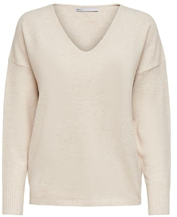 ONLY Damen Struktur Strickpullover V-Ausschnitt Sweater Lockerer Pullover Langarm Oberteil ONLRICA Life, Farben:Creme, Größe:M