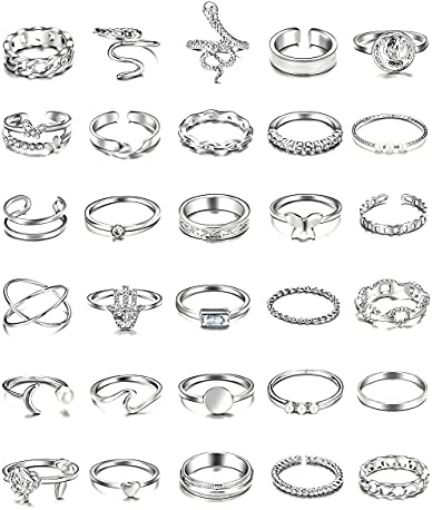 iF YOU 30 Pcs Vintage Knuckle Rings Set, Boho Butterfly Snake Stackable Finger Rings for Women, Silver Midi Rings Pack