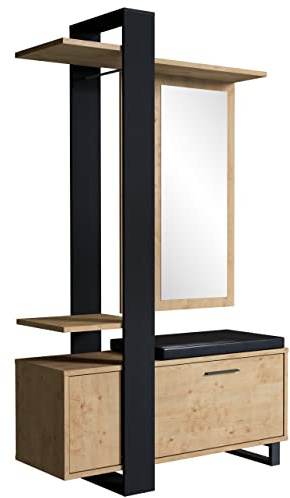 Newfurn Garderobe Set mit Sitzkissen Wildeiche Anthrazit Flurgarderoben Set Modern Vintage - 119,8x198,2x43 cm (BxHxT) - Kompaktgarderobe Holz Garderobe Komplett Garderobenset Flur Diele - [Magotta]