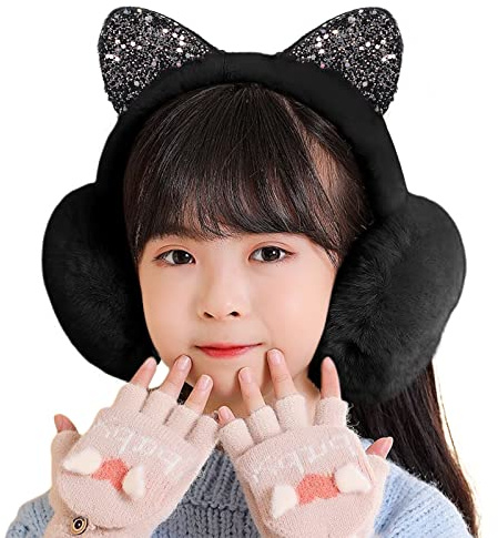 AfinderDE Plüsch Ohrenwärmer Winter Ohrenschützer Warm Weich Earmuffs Ski Laufen Radfahren Kälteschutz Kalte Ohrenschutz Ear Muffs für Damen Mädchen Kinder (Schwarz 2)