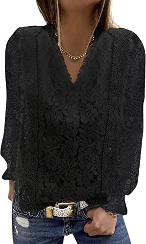 Tomwell Chemisiers Femme Dentelle Col V Tunique Haut à Manches Longues Pullover Élégant Chic Tee Shirt Casual Tops Noir XXL
