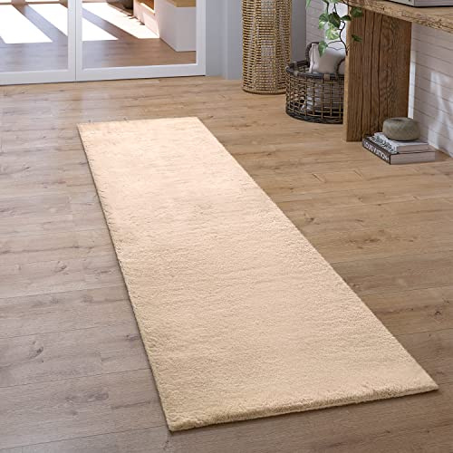 Paco Home Teppich Läufer Hochflor Wohnzimmer Flur Flauschig Schlafzimmer Fell Kunstfell Modern Fellimitat Einfarbig, Grösse:80x300 cm, Farbe:Sand