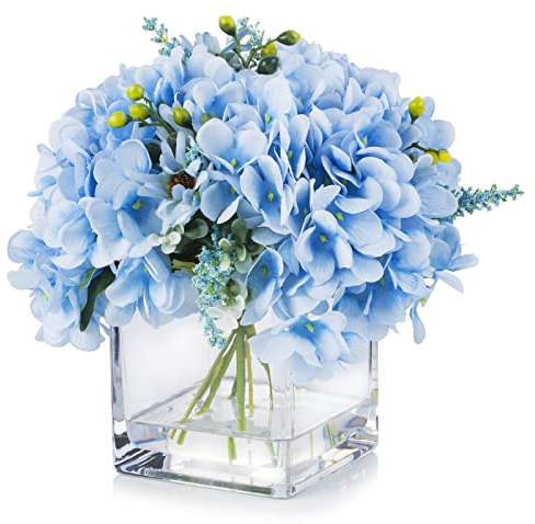 ENOVA FLORAL Blaue Hortensie Künstliche Blumen mit Vase Home Decor Indoor Seide Hortensie Künstliche Blumen in Vase mit Kunstwasser für Esstisch Dekorationen Hochzeit (Blau)