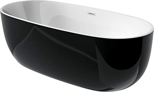 VBChome Badewanne 150x72 cm Schwarz Acryl SET Premium Badewanne Freistehend Eingebauter Überlauf Siphon Inklusive Modern Komfort Elegant Top Qualität