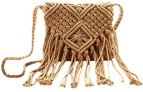 MEGAUK Umhängetasche mit Fransen Damen Schultertasche Fransentasche Quasten Stroh gewebte Strandtasche für Frauen, Braun