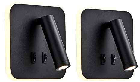 uksunvi Lampada da parete a LED, lampada da parete da lettura sul comodino, lampade da lettura a parete a LED da 12 W, faretto regolabile （3W + 9W 3000K luce calda） nero (Nero（quadrato） 2PCS)