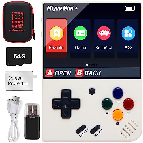 Astarama Miyoo Mini Plus handhållen spelkonsol 3 5-tums retro spelkonsol med öppen källkod med 64G TF-kort, inbyggt 7000+ klassiska spel som stöder wifi (vit 64G)