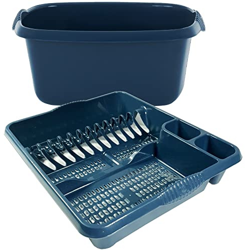 KetoPlastics Navy Blue Kitchen Set - Large Dish Drainer and Rectangle Washing Up Bowl - 2 Piece Plastic Kitchen Set