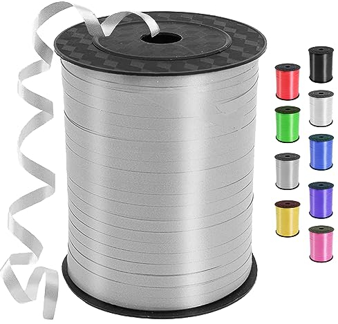 Geschenkband Silber, 450 Meter/ 500 Yard Schleifenband Silber, Ringelband, ballonband für Ballonverschlüsse, Weihnachten Neujahr Geschenkverpackung, Basteln, Partydeko, Hochzeitsdeko
