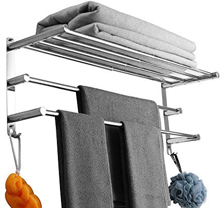 Stainless Steel Wall Mounted Adjustable Towel Bars - 3 Tier Towel Rack With Hooks, 43-78CM, For Kitchen & Bathroom