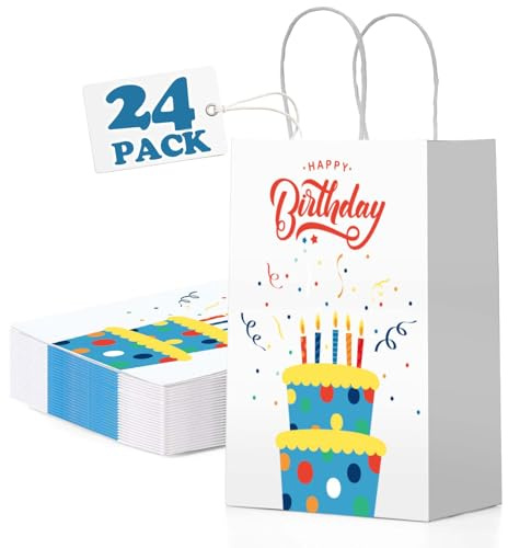 Switory 24 Stück Geburtstag Geschenktüten, Weiß Party Papiertüten Klein Papiertüten mit Henkel zum Mitgebsel Kindergeburtstag, Geschenken, Party 15x8x21CM