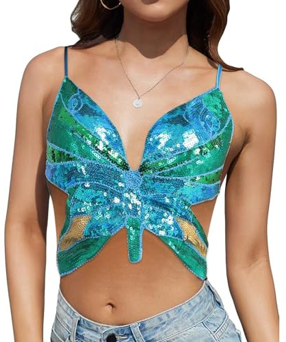 Meanju Lentejuelas Mariposa Crop Tops,Top de Mariposa con Lentejuelas,Top de Fiesta para Mujer,Top de Baile con Lentejuelas Halter para Mujer,para Carnaval,Fiesta,Danza del Vientre
