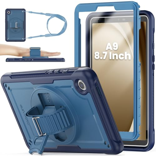 SEYMAC stock Case for Samsung Galaxy Tab A9 8.7 Inch, Dark Blue | Frosting-Anti-Slip Shockproof, with Screen Protector [360° Rotating/Adjustable Stand/Hand Strap] Pen Holder & Shoulder Strap