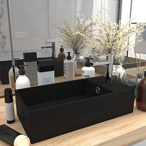FOZICV Badezimmer-Waschbecken mit üBerlauf Schwarz 48x25x15 cm Keramik Washbasin Lavabo Bad Möbel Modern Aufsatzwaschbecken mit überlauf Aufsatzwaschtisch Waschbecken Rechteckig Bathroom Sink