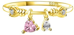 KnSam Silber S925 Verlobungsring, Herz Tropfen Anhänger Damen Ring 925 mit Rosa Zirkonia Herz, Hochzeitsring Sterlingsilber für Damen, Gold, Gr.60 (19.1)
