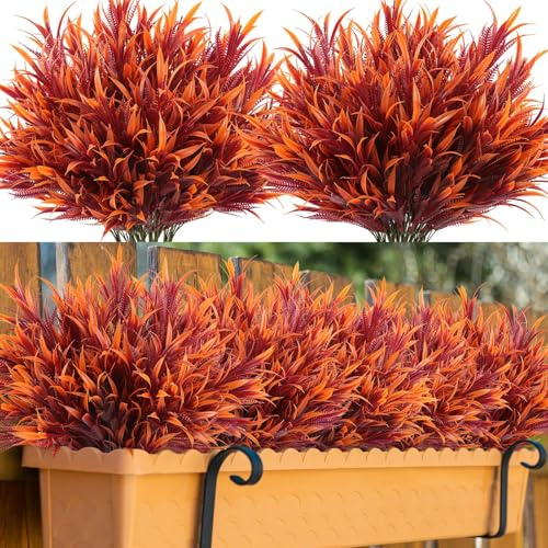 8 Bundles Fall Artificial Plants Outdoor Fake Ferns Faux Autumn Plants | UV Resistant Fake Fall Plants, No Fade, Faux Ferns for Garden Window Patio Hanging Planter Pathway Front Porch Home Decor