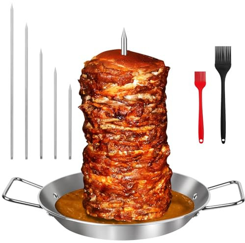 Al Pastor Skewer for Grill, 10 Inch Brazilian Spit Stand with 5 Spikes & 2 Brushes, Stainless Steel Vertical Sticks, Gyro Pan with Fat Separator for Tacos Al Pastor, Shawarma, Chicken on Smoker Oven