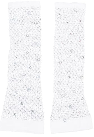 GORGECRAFT 2 Paire de Gants en Résille avec Strass Manches en Filet de Poisson sans Doigts Gants en Maille à Paillettes en Nylon Blanc Accessoires de Scène (3)S pour Costume de Fête à Thème Halloween