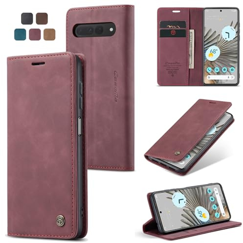 owlhold Handyhülle für Google Pixel 7 Pro Hülle Premium Lederhülle Weiches Vintage-Nubukleder Faltbare Ständer Schutzhülle Kartenfach Standfunktion stoßfest klapphülle Pixel 7 Pro -Weinrot