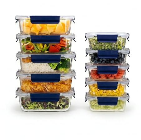 HOUSZY Meal Prep Storage Containers, Glass, Set of 10, Blue, Airtight | Borosilicate, non-toxic, leakproof, oven and freezer safe. Meal prep storage.