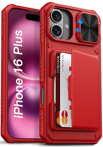 Vihibii for iPhone 16 Plus Wallet Case with Card Holder (4 Cards) [RFID Blocking] & Slide Camera Cover & Raised Edges Protect Screen, Shockproof Rugged Phone Case for iPhone 16 Plus 5G 6.7 2024, Red