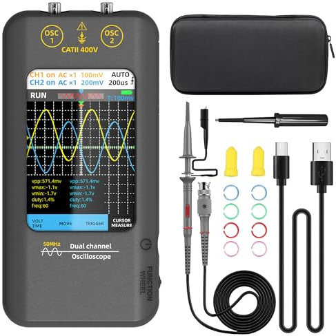 BSIDE 2 Channel Handheld Digital Oscilloscope 50MHz Touch Screen with 3.98 Full-Viewing Color LCD 2-in-1 Portable Signal Generator - Rechargeable for Automotive Electronic