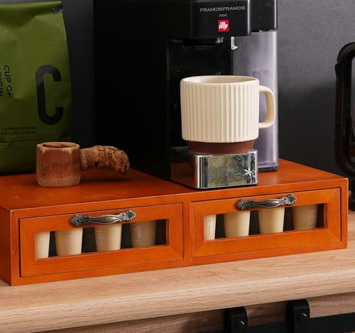 Wooden K-Cup Organizer - Coffee Pod Storage Box, 15.6 * 11.7 * 3.1 in, Compatible for Keuring Pod Holder, 30-50 Pod Capacity, No Assembly Required, Tea Bag Organizer Counter, Coffee Stand with Drawer