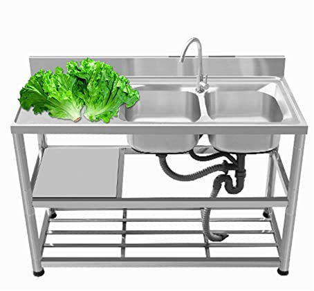 Doppel Spülbecken waschbecken küche Edelstahl Universalspüle Spülbecken mit Abtropffläche ausgussbecken edelstahl mit Backsplash Abfluss Sieb für Küche Werkstatt Bauernhaus Verpflegung(With Faucet,Rig