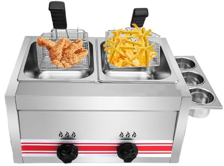 Kindevieft Friggitrice A Gas Commerciale da 20 Litri, Piano di Lavoro, in Acciaio Inox, Doppia Vasca, per Cucina, con 2 Cestelli E Coperchio Rimovibili, Doppia Friggitrice per Patatine Fritte