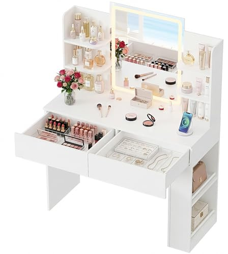 Furmax Vanity Desk with Mirror and LED Lights, Makeup Vanity Set with 3 Lighting Color, Adjustable Brightness, Vanity Table with 2 Drawers, Side Storage, for Bedroom (Pure White, Bench)