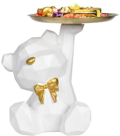 Dokeno Statue Figurine Ours avec Plateau de Rangement, Sculpture Ours Décorative en Résine pour Clés, Bijoux, Bougies, Petits Objets, Ornement d'ours pour Decoration Maison Salon Bureau, Idée Cadeau