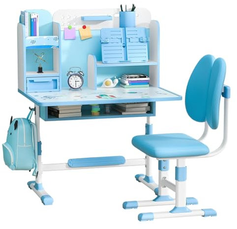 CUSROS Kinder-Schreibtisch- und Stuhl-Set, Schüler-Schreibtisch und Stuhl-Set, Lese-Schreibtisch mit magnetischer Rückplatte, Schubladen, Schultaschenhaken und Buchständer, Stifthalter, Blau