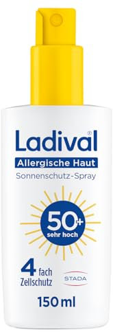 Ladival Sonnenschutz Spray LSF 50+ für allergische Haut - Sonnencreme bei Sonnenallergie und Mallorca-Akne, wasserfest, fettfrei, 4-fach Zellschutz, korallenfreundlich, leichte Gel-Formel, 150ml