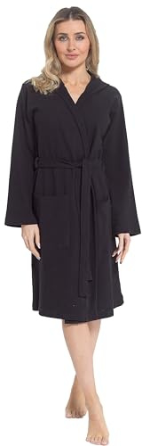 Daisy Dreamer Women's Hooded Waffle Cotton Bathrobe Dressing Gown Super Absorbent Spa Robes Ideal for Home & Loungewear, Black Medium