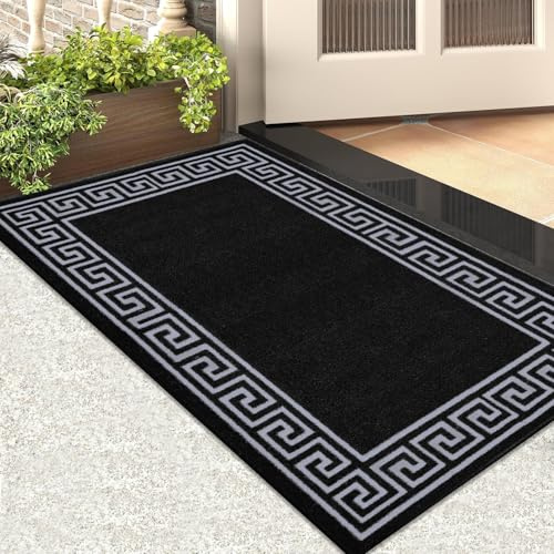 Rugs Inn Greeky Door Mat – Heavy Duty Washable Non Slip Mat for Kitchen Front Door Entrance Bedroom Living Room Floor Mat (Black Grey, 50 X 80 cm)
