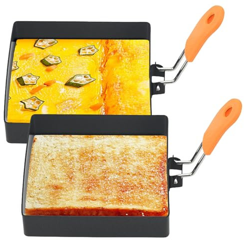 2 piezas de huevo frito Moldes antiadherentes Anillos de huevo cuadrados de 4 pulgadas con manija de silicona, molde de huevo cuadrado de acero inoxidable para sándwiches de desayuno estilo Crumpet 1