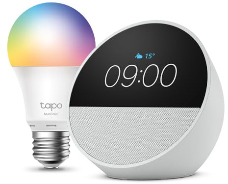 Echo Spot | Blanc + Tapo L530EA ampoule connectée LED (E27), Fonctionne avec Alexa - Kit de démarrage Maison connectée