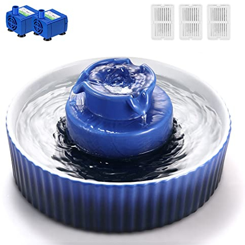 Fuente de agua de cerámica para gatos, 2.1L/2,012.8 g fuente para mascotas para perros y gatos, 3 filtros de carbono y 2 bombas (azul oscuro)