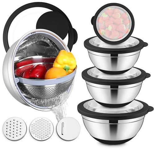 E-far Mixing Bowls with Lids Set, 15PCS Stainless Steel Mixing Nesting Bowl with Colander & 3 Metal Grater for Kitchen Prep/Baking/Storage, Non-Slip Bottom & Airtight Lid, 4.6, 3, 1.5, 1, 0.7QT, Black