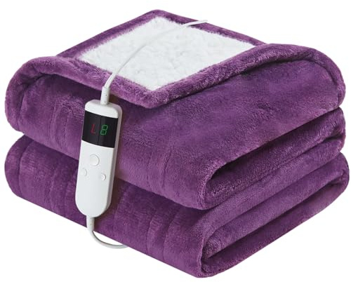 Qieryun Heated Electric Blanket 130x160cm Machine Washable Fleece & Sherpa Heated Blanket, Digital Controller, 10 Heating Settings, Automatically Turn Off After 8 Hours