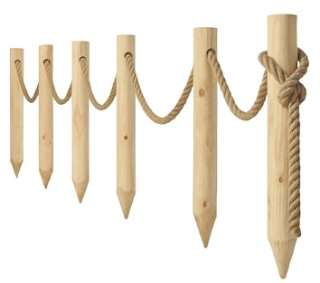 TIMBERMIK Clôture de Jardin en Bois Non Traité 6 Poteaux Ø8x120cm + 12m Corde Jute – Palissade Rustique Bois Naturel pour Extérieur Décoration Jardin Terrasse