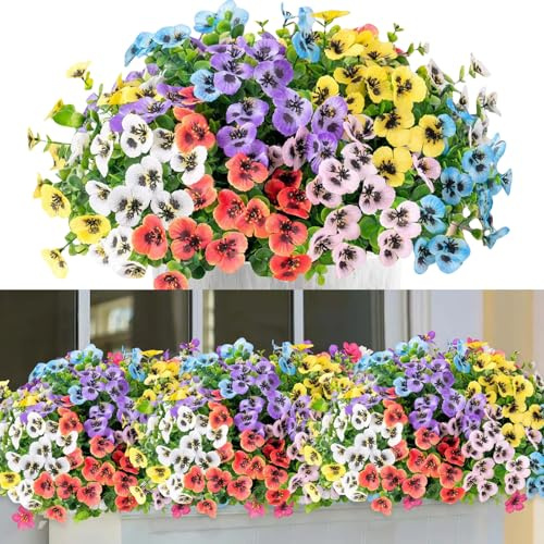 12 Bundles Artificial Flowers, Fake Pansy Flowers Plants Decor, Eucalyptus Artificial Grass Shrubs Bushes, UV Resistant Plastic Floral Fern for Garden Porch Home Balcony Decor
