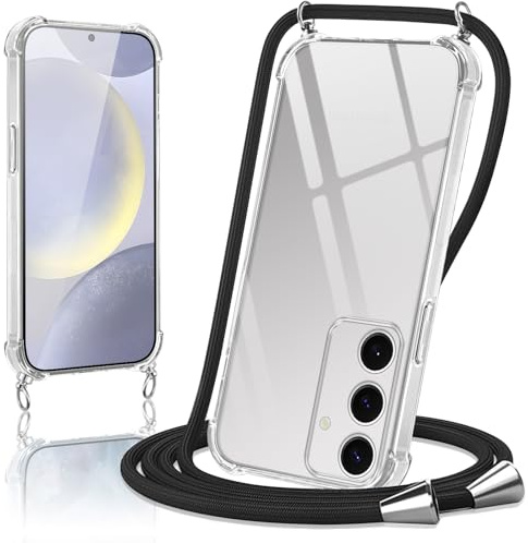 Micnkifo Handyband Hülle mit Band für Samsung Galaxy S24 5G, Necklace Handyhülle mit Kordel Schutzhülle für zum Umhängen, Transparent TPU Case Stoßfest Kratzfest Silikon Cover mit Kette, Schwarz