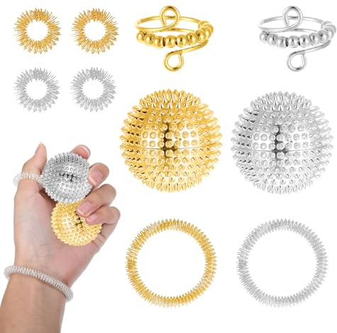 16 Stück Anti Stress Spielzeug Skills Set, 10 Akupressur Ring, 2 Massageringe für Finger, 2 Akupressur Armband, 2 Stress Spielzeug für Stressabbau Erwachsene und Massage(Gold Gemischt mit Silber)