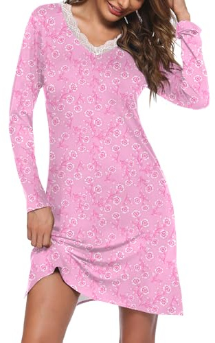 Ekouaer Nattlinne för kvinnor långärmad nattskjorta nattklänning V-ringad med spetskvällar, Rosa, XL