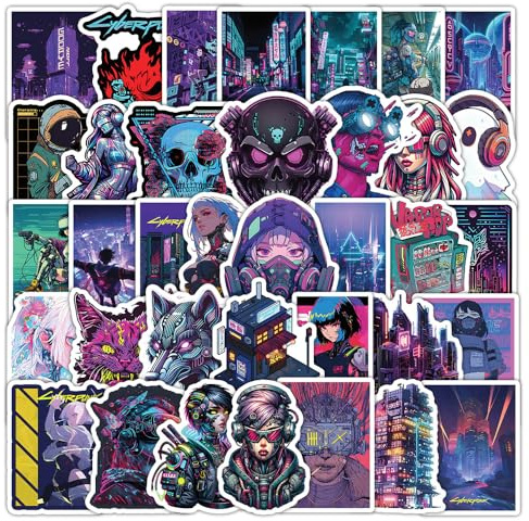 Cyberpunk und Punk Aufkleber 50 Stück Wasserdichte Trendy Coole Cyberpunk Sticker für Wasserflasche Skateboard Gepäck Handy Laptop Fahrrad Auto,Vinyl Funny Cartoon Stickers für Erwachsene Kinder