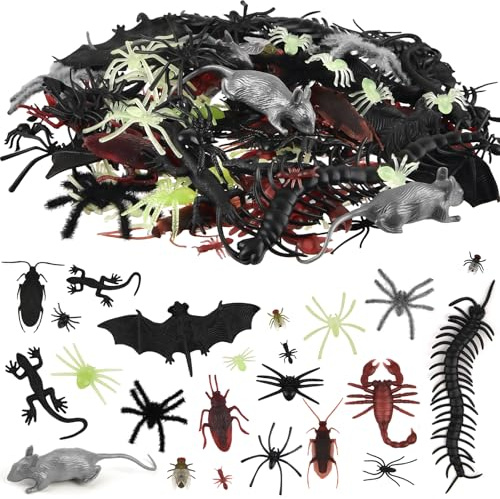 PLULON 150 Stück realistische Käfer, Spinnen, Kakerlaken, Tausendfüßler, Skorpione, Fliegen, Insekten, Streichbox für Halloween-Partyzubehör, Streichspielzeug aus Kunststoff, Aprilscherz-Streich-Set