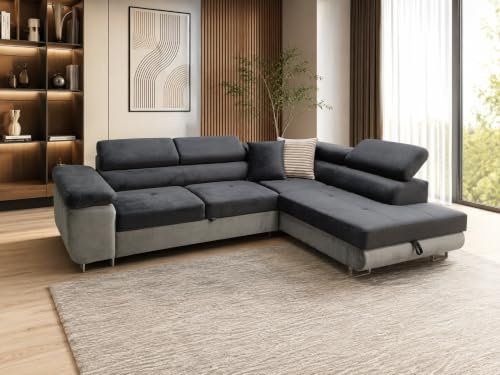 Sofa Aston 272x203x88 cm, Schlaffunktion, Dunkelgrau, Grau, Rechts | L-Form Sofa, Modern Couch mit Bettkasten, Weiches Ecksof fürs Wohnzimmer, Schlafsofa, Eleganter Monolith Stoff