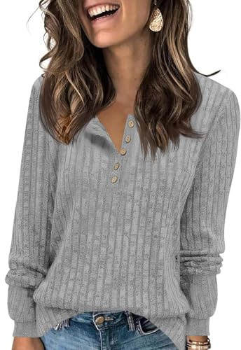 Fisoew Camiseta de manga larga para mujer, cuello redondo, botón ligero, jersey de punto de manga larga, jersey básico de otoño, gris, M